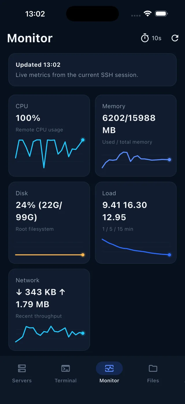 TermiShell remote metrics monitor on iPhone
