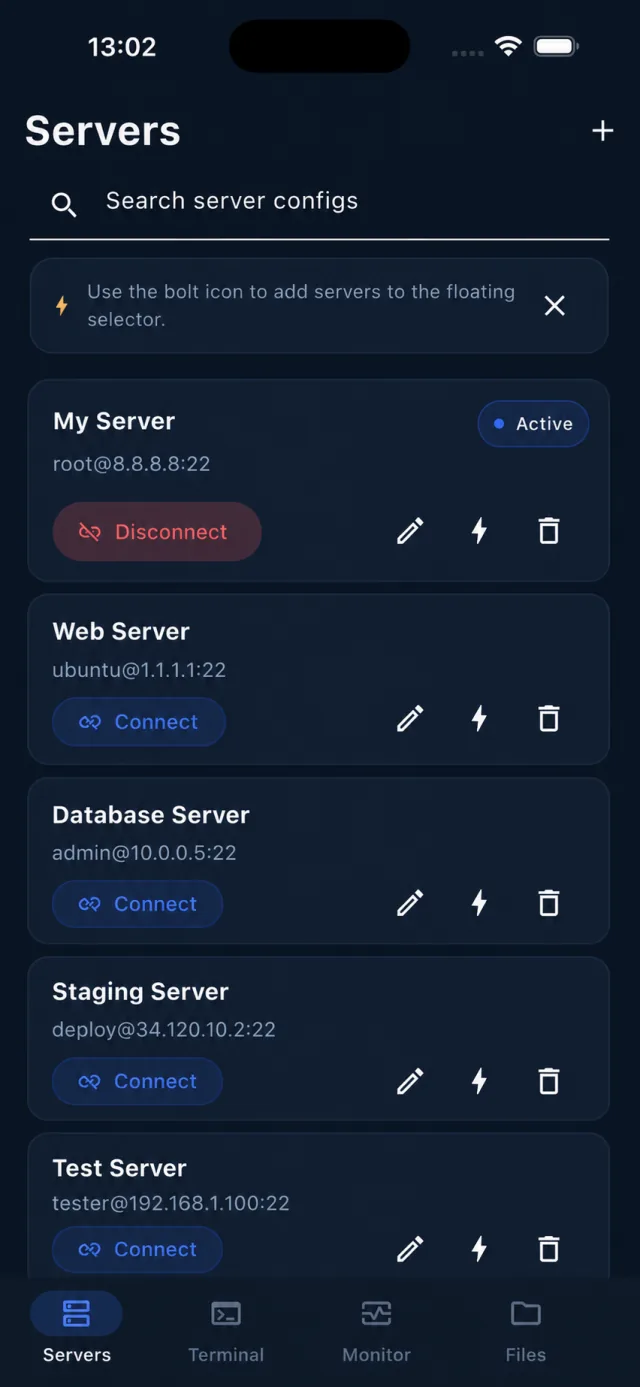 TermiShell server list on iPhone